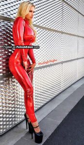 Beyla Hughes dressed in rd latex catsuit