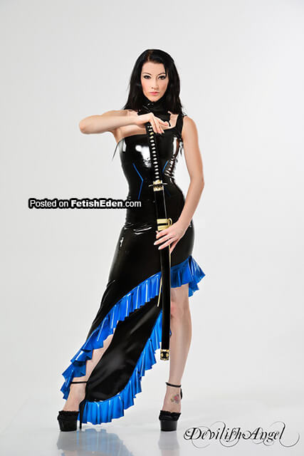 DevilishAngel hot brunette with katana sword in black latex gown