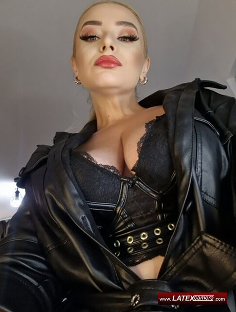 latexcamera dominant leather lady Blonde Domme wears black leather jacket