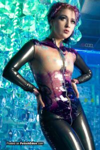 Lady wearing latex catsuit with multiple colors