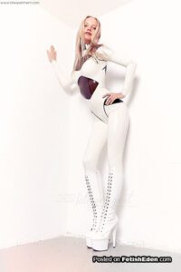 White latex catsuit on Kathryn Arliss