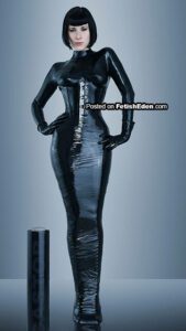 Slim lady in black latex dress with black latex corset