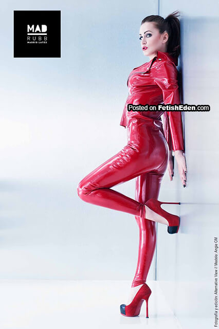 Red latex jacket, red latex leggings, and the pause before the pose