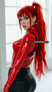 Fetish model with long red hair wearing a high-neck red latex top with black harness straps and black high-waisted bottoms, posing in front of bright windows.