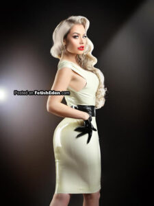 Blonde fetish model in a cream latex mini-dress with short black latex gloves posing against a dark studio background.